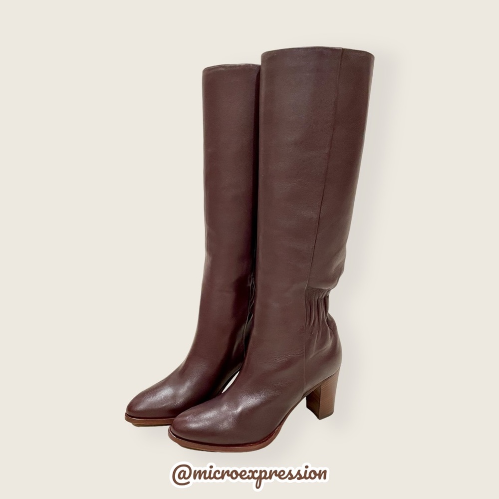 $399 Frye June Slouch Knee High Brown Leather Heeled Pull On Tall Winter Boots - Picture 10 of 16